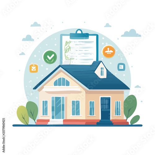 Flat illustration of a house with clipboard and icons