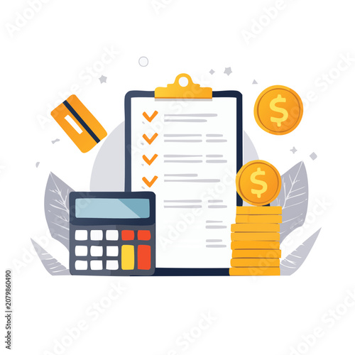 Flat vector illustration of financial planning with clipboard and