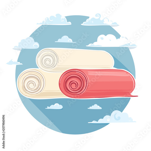 Flat vector illustration of rolled towels on sky background