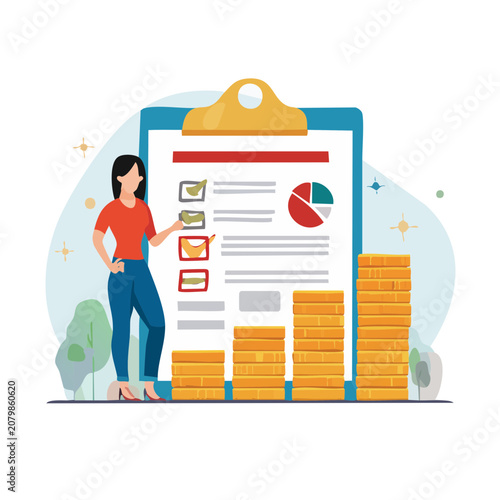 Woman with clipboard, checklist, and financial charts illustration