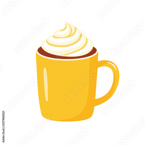 Yellow coffee cup with whipped cream, flat vector illustration