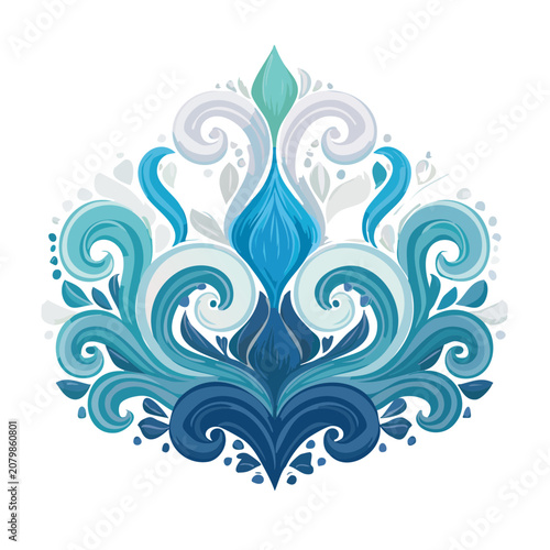 Blue ornamental scrollwork design with swirls and leaves