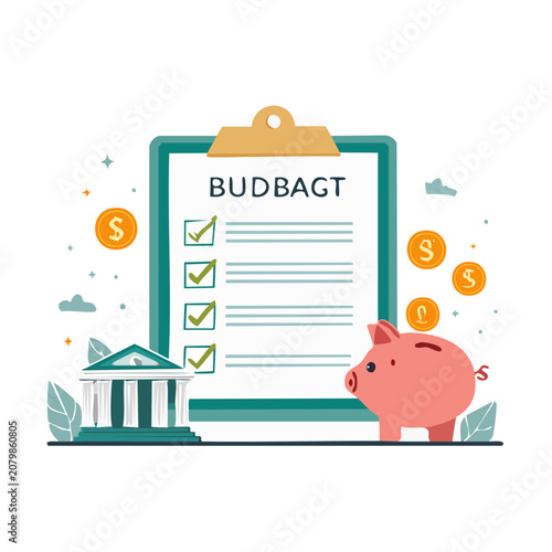 Budget planning flat vector illustration with clipboard and piggy bank