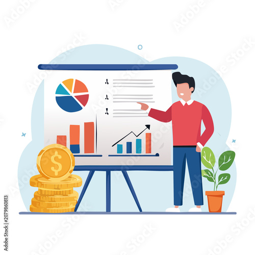Businessman presenting financial charts and coins
