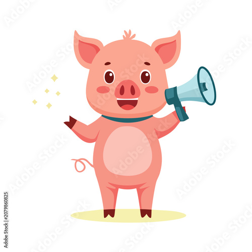 Cartoon Pig Holding Megaphone with Sparkles