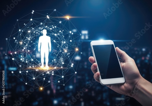 A hand holding a smartphone with a glowing network graphic and human silhouette at night
