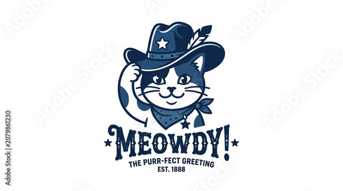 Slika na platnu Cartoon Cat Cowboy Meowdy! Greeting with Western Hat and Bandana