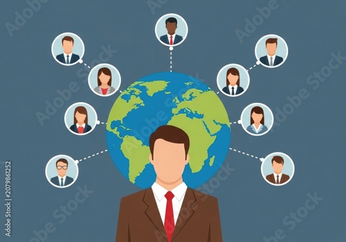 A man in a suit and tie standing in front of a globe with people connected to him