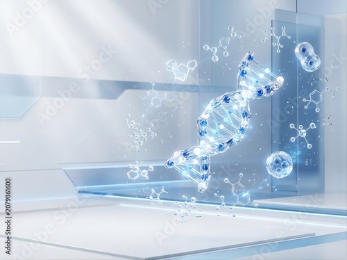 Glowing Digital DNA Helix Structure Floating in Futuristic Laboratory Environment for Scientific Research