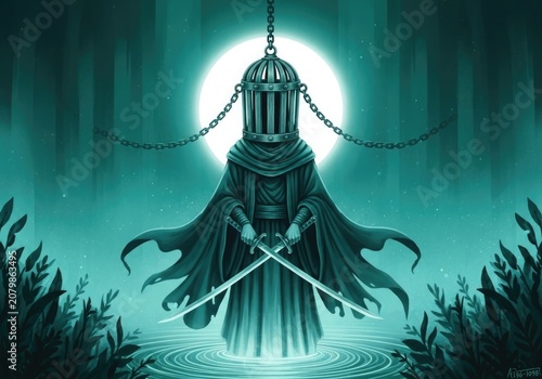 A hooded figure wearing a cage helmet holding two swords in a mystical forest with a glowing moon behind them