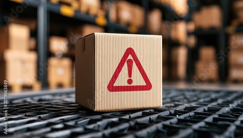 Cardboard box with warning symbol on warehouse shelf