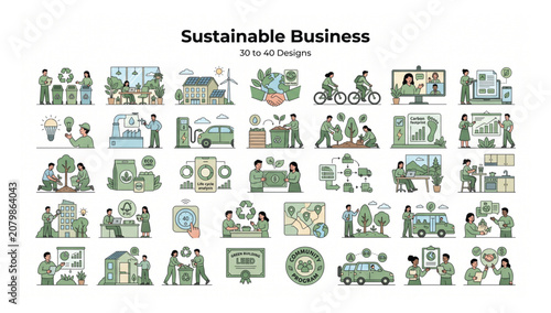 Eco friendly sustainable business and green technology set with sustainability business environment recycling renewable corporate conservation industry efficiency solutions management