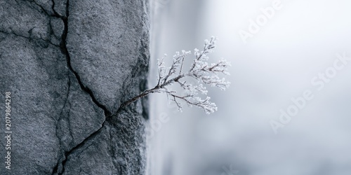 Delicate frosted branch sprouts from a deep crack in rough stone