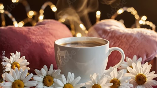 A cozy tea-time scene featuring a white cup surrounded by daisies and warm fairy lights