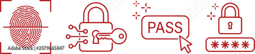 Cybersecurity line icon set in red, biometric fingerprint scan and digital padlock with key, password login and data protection symbols for web security