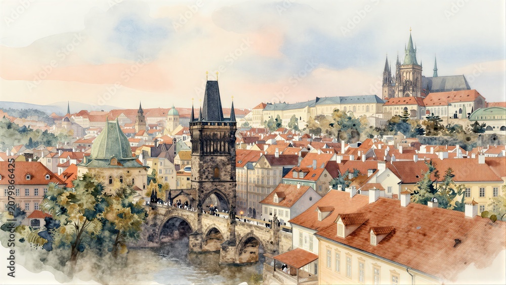 Obraz premium Charming watercolor view of Prague's iconic Charles Bridge and historic skyline.