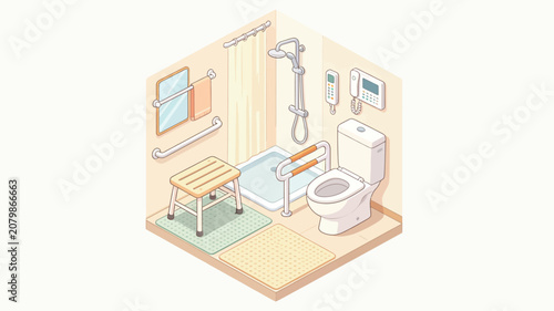 Modern Accessible Bathroom with Shower Chair, Grab Bars, and Emergency Call Button - Isometric