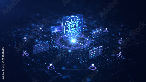 AI agent platform with intelligent neural network, autonomous workflow, data analytics, enterprise automation, and digital ecosystem visualization for artificial intelligence, 3d rendering