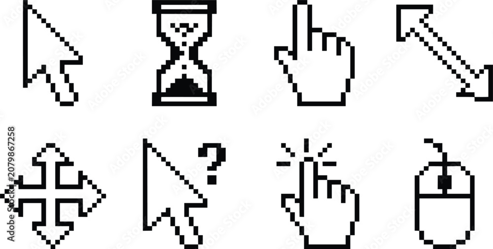 Fototapeta premium Retro pixel cursor icons set, vintage computer mouse pointers in 8-bit style, black and white digital interface elements for web design