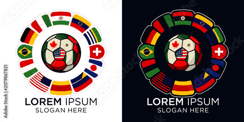 Global Soccer Tournament Logo Concept Featuring Football and International Flags