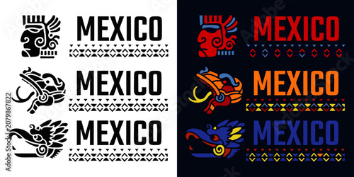 Traditional Mexico Tribal Pattern and Aztec God Mask Logo Collection
