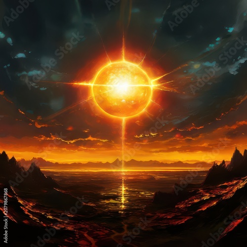 an AI Image Generator, Scenic Fiery Sunset Over Dramatic Mountain Landscape
