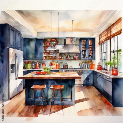 an AI Image Generator, Kitchen with Blue Cabinets and Fresh Produce on Display
