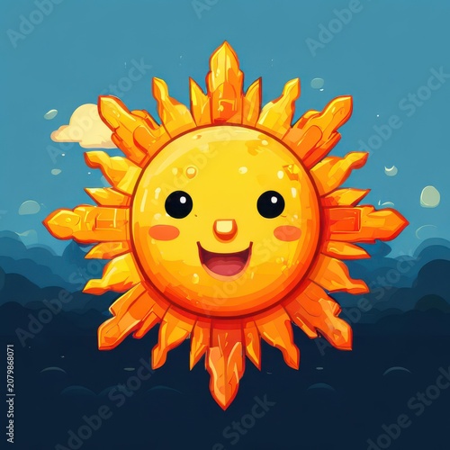 an AI Image Generator, Smiling Cartoon Sun Amidst Bright Orange Clouds at Dusk