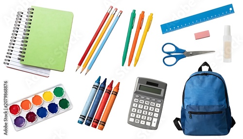 School supplies arranged on white background, colorful educational tools
