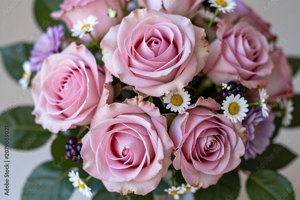 Fototapeta premium A bouquet of pink roses and purple flowers in a vase