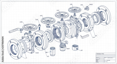 Fotografie Exploded view technical drawing of a ball valve assembly with flanges and handle