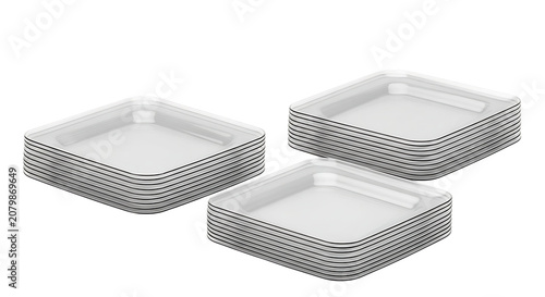 Stacks of square plastic plates with slightly raised edges are displayed on transparent background containers disposable tableware