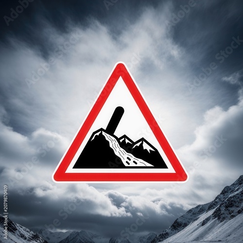 Warning Sign Symbolizing Potential Avalanches in Mountainous Regions Under Dramatic Skies