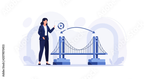 Businesswoman uses technology to connect two points, symbolizing solutions, strategy, and bridging gaps. Vector illustration.