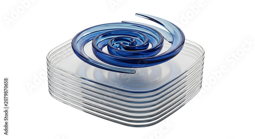 Blue glass coiled spring with layered transparent base a 3d rendering on transparent background coil transparent-background three-dimensional