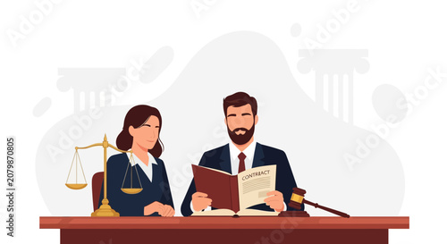 Lawyers reviewing contract with scales of justice and gavel on a wooden table, symbolizing legal consultation and justice.