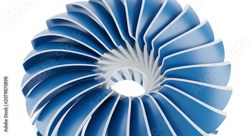 Abstract blue and white spiral structure with repeating curved vanes on transparent background vane geometric radial circular