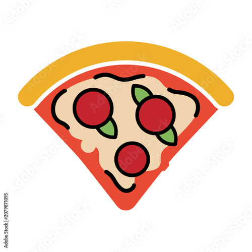 Flat illustration of a pizza slice with pepperoni and basil