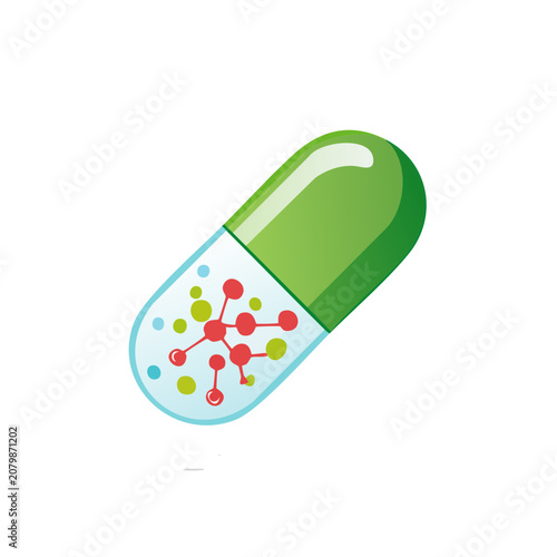 Green and blue medical capsule with molecular structure