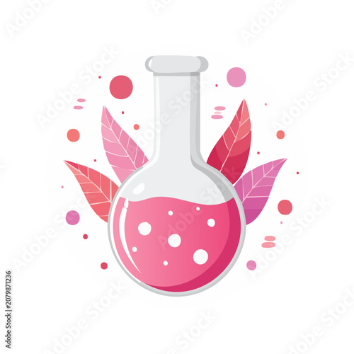 Pink laboratory flask with leaves and dots vector illustration