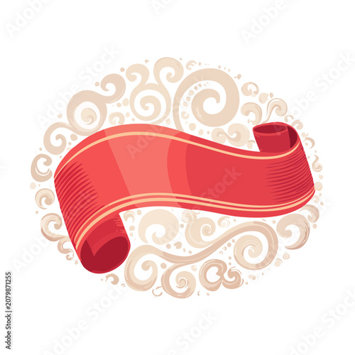 Red ribbon scroll with decorative swirls vector illustration