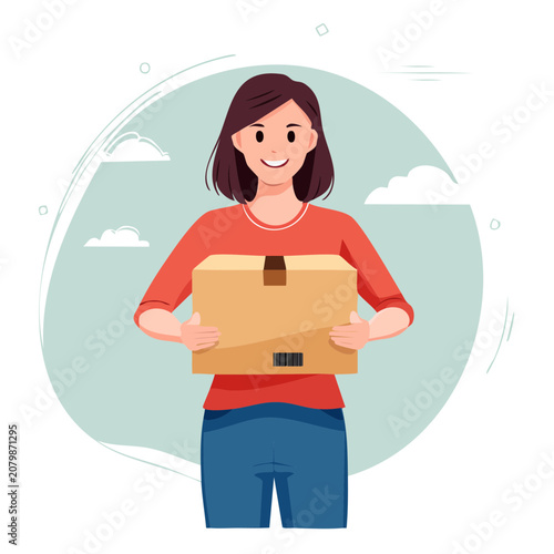 Woman holding cardboard box flat vector illustration