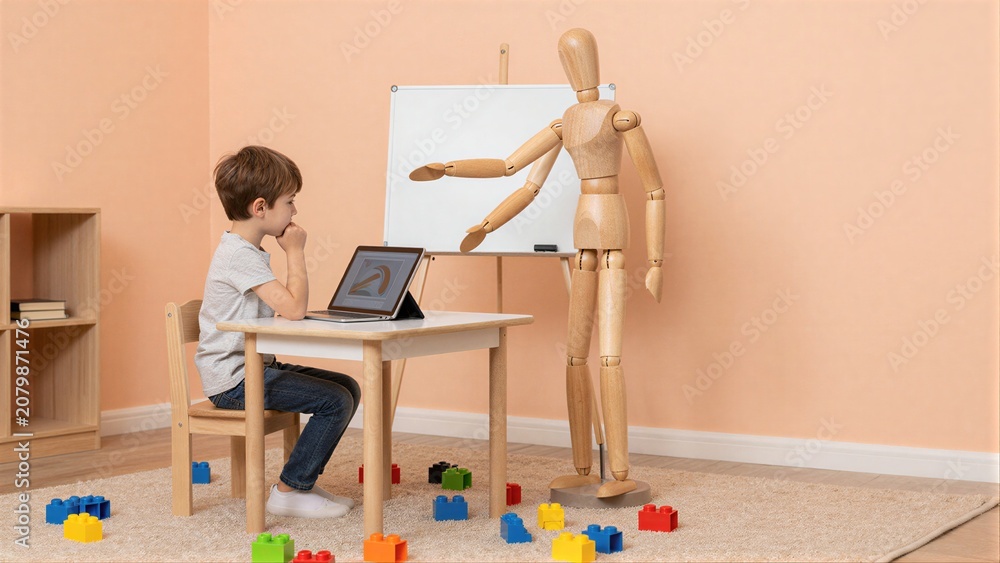 Obraz premium Child sits at table with tablet, wooden figure gestures beside him in cozy room.