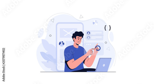 User Interface Design - Developer working on UI/UX and coding a website or application with laptop and mobile screen.