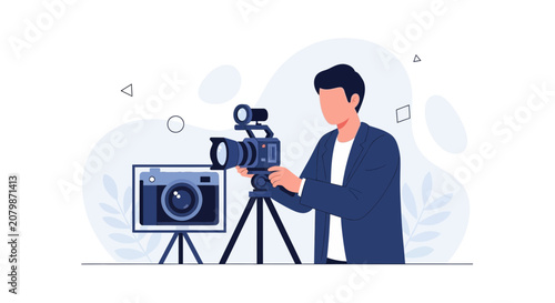 Videographer operating a professional video camera on a tripod, with another camera displayed on a separate stand in a modern, minimalist vector illustration.