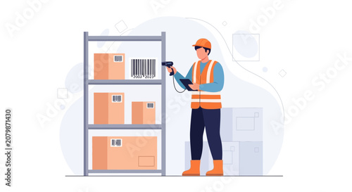 Warehouse Worker Scanning Barcodes on Boxes with Scanner and Tablet