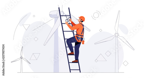 Wind Turbine Maintenance: Technician Ascends Ladder for Inspection in Renewable Energy Field