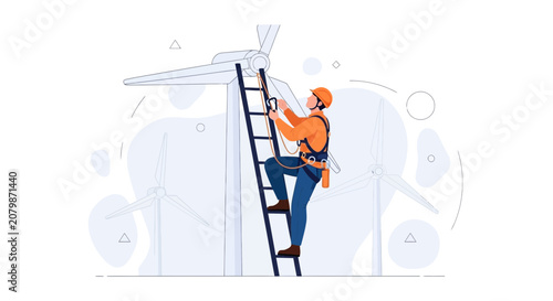 Wind Turbine Technician Climbs Ladder for Maintenance - Renewable Energy Concept