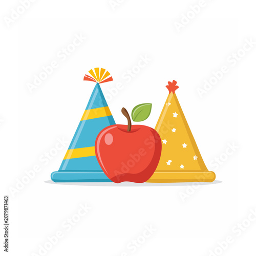 Colorful Party Hats and Apple Illustration