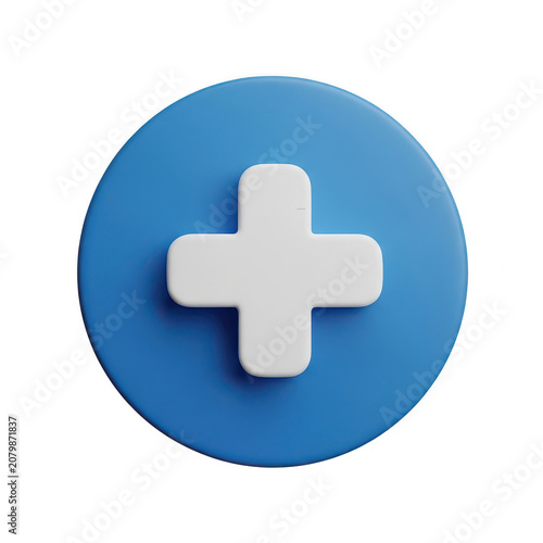 Blue circle button with a white plus sign icon isolated on transparent background